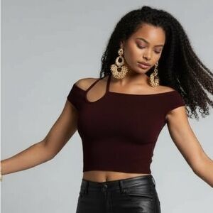 Express Off-Shoulder Cutout Crop Top – Size Small – Burgundy